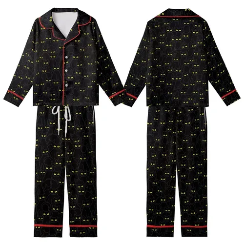 Cat Lovers' All-Over Stylized Black Cat Crowd Pattern with Vibrant Yellow Eyes Flat Art Kid Satin Pajamas Set