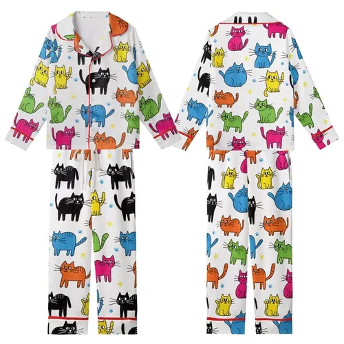 Cat Lovers' Whimsical Hand-Drawn Doodle Abstract Cats Pattern with Vibrant Multi-Color Crayon Style Kid Satin Pajamas Set