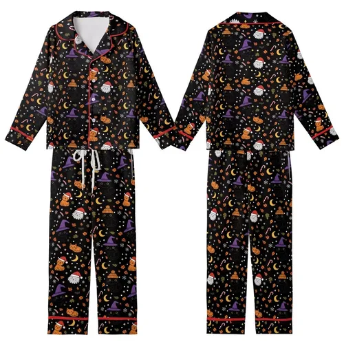 Festive Cat Lovers' Whimsical Cartoon Witch Hat Beanie Hat Santa Hat Cats Pattern Kid Satin Pajamas Set