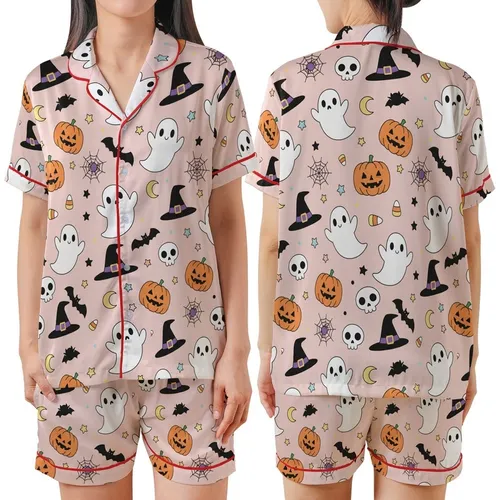Youth & Girls' Whimsical Light Pink Cartoon Halloween Ghosts, Jack-o'-Lanterns, Witch Hats, Stars Satin Short-Sleeve Pajamas Set