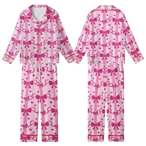Women's Sweet Pastel Pink Candy Stripe Fuchsia Bows Ribbon & Heart Flat Art Kid Satin Pajamas Set