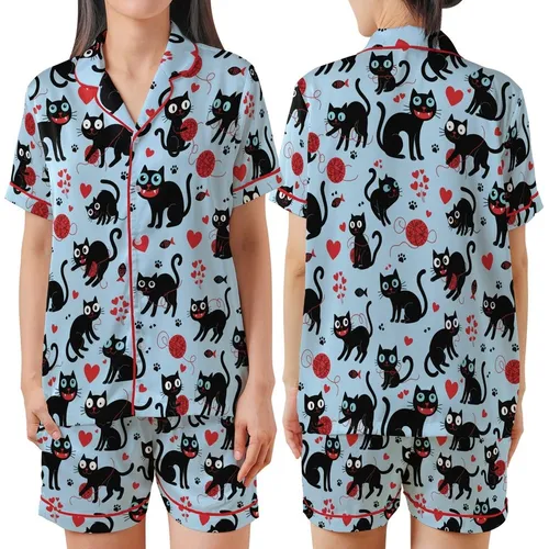 Cat Lovers' Whimsical Black Cat Pastel Blue All-Over Red Hearts Fanged Mouths Yarn Balls Pattern Satin Short-Sleeve Pajamas Set