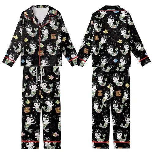 Cat Lover's Cute Pirate Mermaid Cats Pastel Rainbow Nautical Treasure Pattern Black Background Kid Satin Pajamas Set
