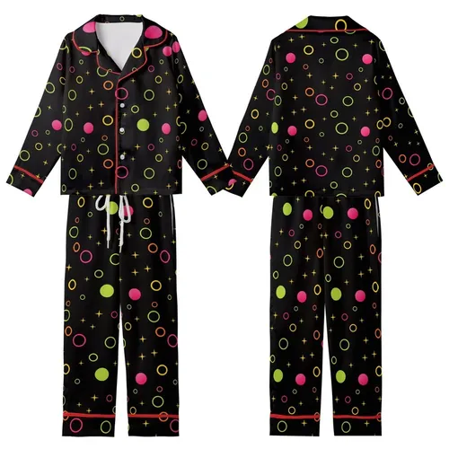 Energetic Style Seekers' High-Contrast Neon Lime Pink Orange Yellow Geometric Circles Stars Pattern Kid Satin Pajamas Set