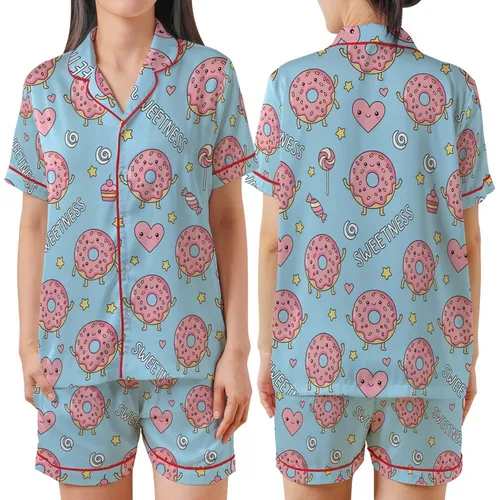 Sweet Treat Lovers' Pastel Sky Blue Kawaii Donut & Pink Heart Seamless Pattern with Happy Faces & Sprinkles Satin Short-Sleeve Pajamas Set