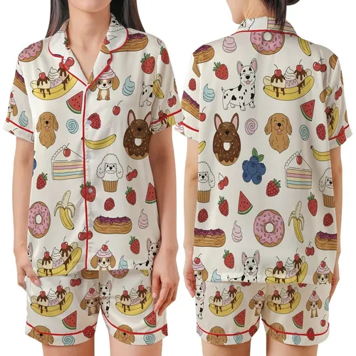 Dog Lovers' Whimsical Dessert Dog & Fruit Pattern, Frenchie Donut, Golden Retriever Cake, Corgi Banana Split on Cream Satin Short-Sleeve Pajamas Set