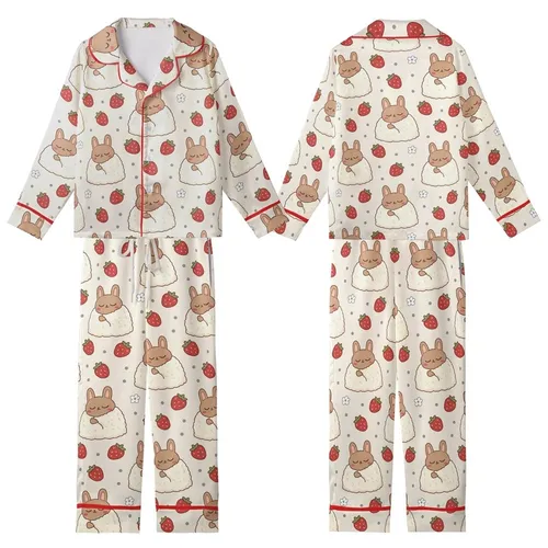 Women's Kawaii Brown Bunny Red Strawberry Cream Blanket Scattered Pattern Kid Satin Pajamas Set