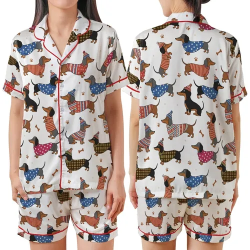 Dachshund Lovers' Whimsical Dachshund Dog Pattern Dressed in Red Pink Blue Plaid Striped Outfits White Background Satin Short-Sleeve Pajamas Set