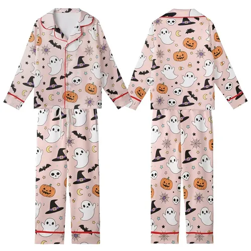 Youth & Girls' Whimsical Light Pink Cartoon Halloween Ghosts, Jack-o'-Lanterns, Witch Hats, Stars Kid Satin Pajamas Set