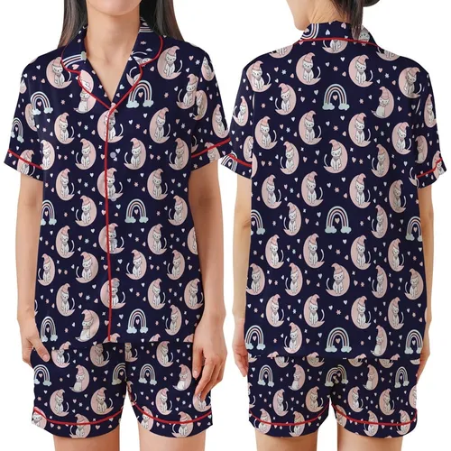 Whimsical Dreamers' Dark Indigo Purple Celestial Cats, Pink Moons & Pastel Rainbows Satin Short-Sleeve Pajamas Set