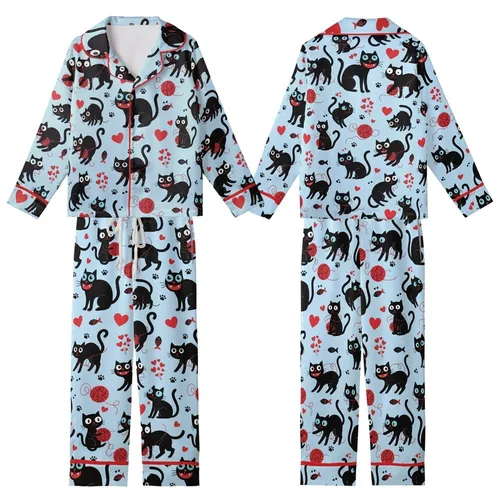 Cat Lovers' Whimsical Black Cat Pastel Blue All-Over Red Hearts Fanged Mouths Yarn Balls Pattern Kid Satin Pajamas Set