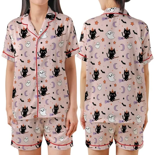 Cute Halloween Lovers' Pastel Pink Whimsical Black Cat Ghost Bat Lavender Orange Star Pattern Satin Short-Sleeve Pajamas Set