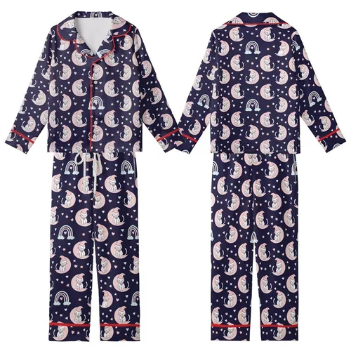 Whimsical Dreamers' Dark Indigo Purple Celestial Cats, Pink Moons & Pastel Rainbows Kid Satin Pajamas Set
