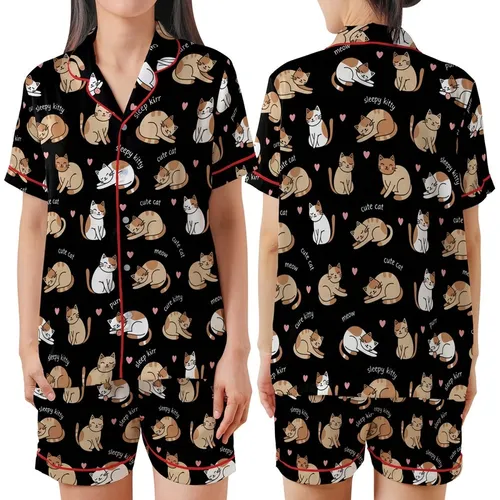 Cat Lovers' Whimsical Cartoon Cats Tan Brown Pink Hearts Black Background Pattern Satin Short-Sleeve Pajamas Set