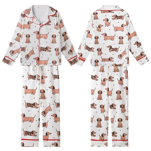 Dachshund Lovers' Whimsical Salmon Pink Light Brown Striped Dachshund Line Art Playful Pattern Kid Satin Pajamas Set
