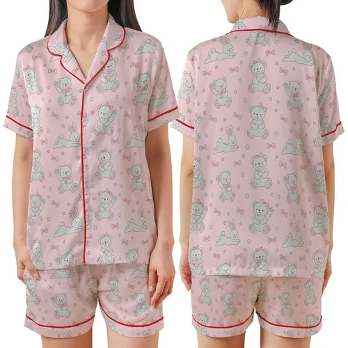 Whimsical Hearts' Charming Hand-Drawn Pastel Pink Scattered Teddy Bear Bunny Whimsical Bow Star Pattern Satin Short-Sleeve Pajamas Set