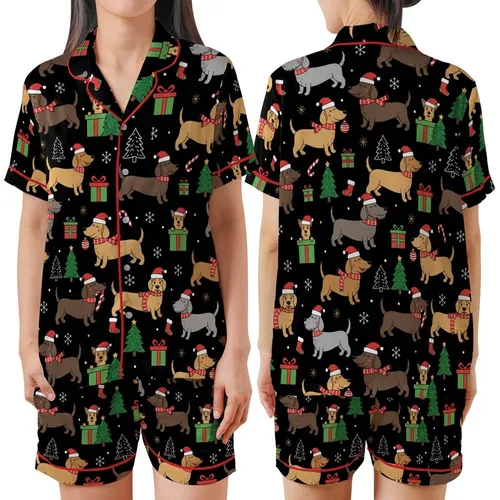 Dog Owners' Cute Cartoon Black Christmas Dog Pattern with Festive Santa Hats & Candy Canes Satin Short-Sleeve Pajamas Set