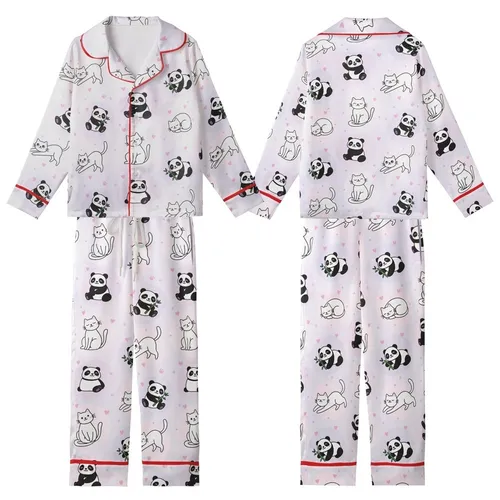 Whimsical Animal Lovers' Pastel Lavender Pink Scattered Cartoon Cats Pandas with Tiny Hearts Paw Prints Kid Satin Pajamas Set