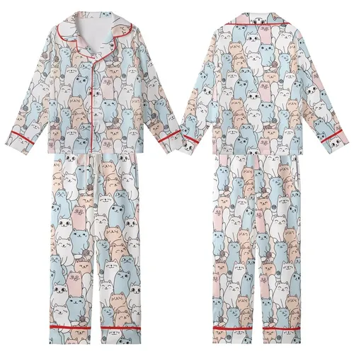 Cat Lovers' Whimsical Pastel All-Over Print Cute Cartoon Cats Seamless Pattern with Expressive Felines & Yarn Balls Kid Satin Pajamas Set