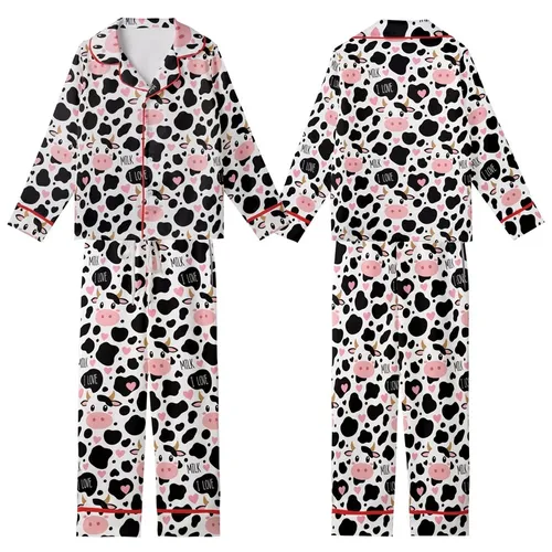 Cute Style Enthusiasts' White & Black Holstein Cow Print, Bubblegum Pink Hearts, Cartoon Cow Faces, I LOVE MILK Text Kid Satin Pajamas Set