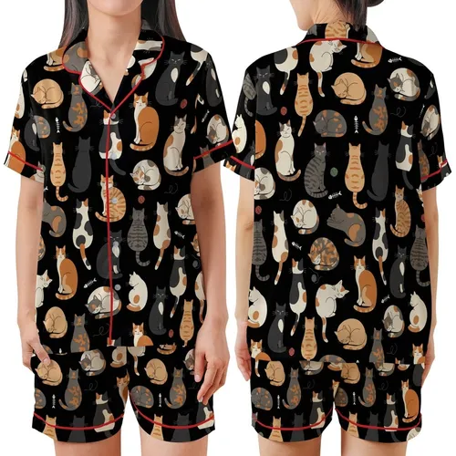 Cat Lovers' Illustrative Seamless Pattern: Natural Posing Cats with Tabby Calico Tuxedo Fur on Black Satin Short-Sleeve Pajamas Set