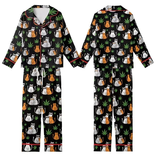 Playful Cat & Cannabis Enthusiasts' Flat Art Cats Orange Sunglasses Green Cannabis Leaves Seamless Black Pattern Kid Satin Pajamas Set