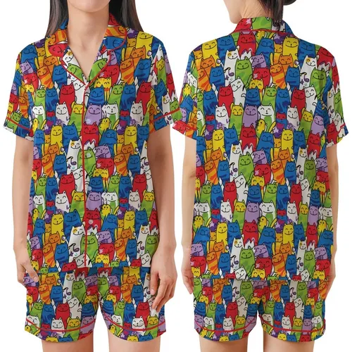 Cat Lovers' Whimsical Cartoon Cat Doodle Pattern in Vibrant Multi-Color with Stars and Paw Prints Satin Short-Sleeve Pajamas Set