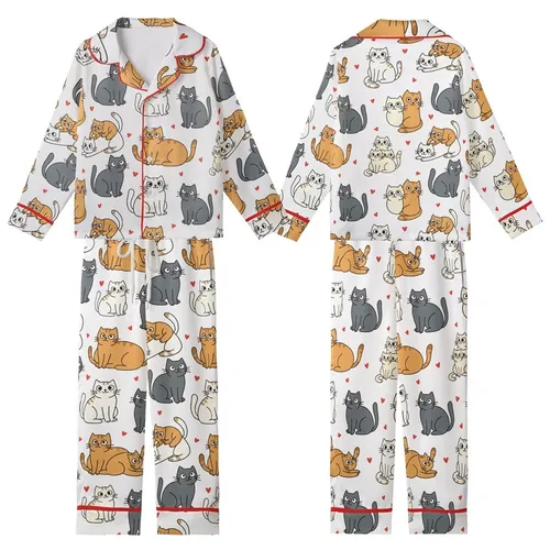 Cat Lovers' Whimsical Cartoon Cats Seamless Pattern with Soft Grey Ginger Orange and Red Hearts on White Kid Satin Pajamas Set