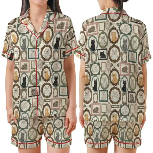 Cat Lovers' Muted Eclectic Antique Framed Cat Portraits Collage Cream Pattern Satin Short-Sleeve Pajamas Set