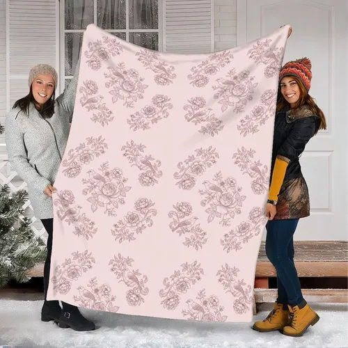 Women's Romantic Pastel Pink Vintage Botanical Rose Peony Songbird Etching Fleece Blanket