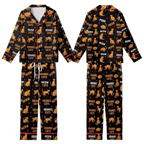 Orange Cat Lovers' Bold Flat Graphic Orange Cat Playful Pose Pattern Black White Orange Text Red Paw Prints Kid Satin Pajamas Set