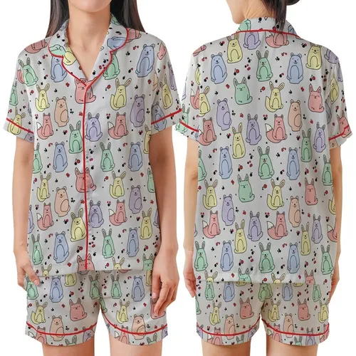 Animal Lovers' Cute Stylized Cartoon Satin Short-Sleeve Pajamas Set