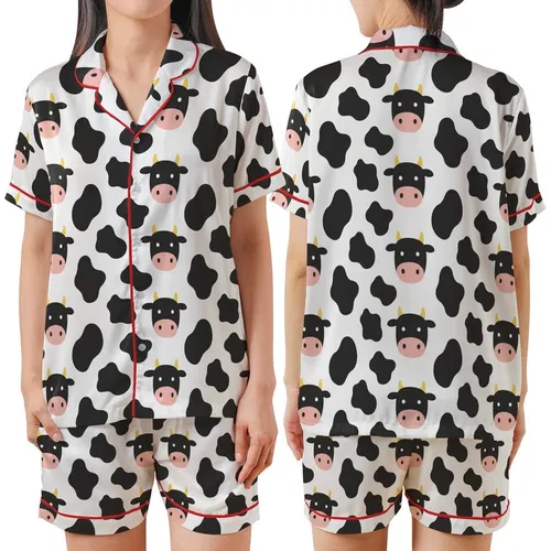 Playful Style Enthusiasts' Cheerful Minimalist Cow Spot Pattern with Pink Muzzles & Yellow Horns Satin Short-Sleeve Pajamas Set