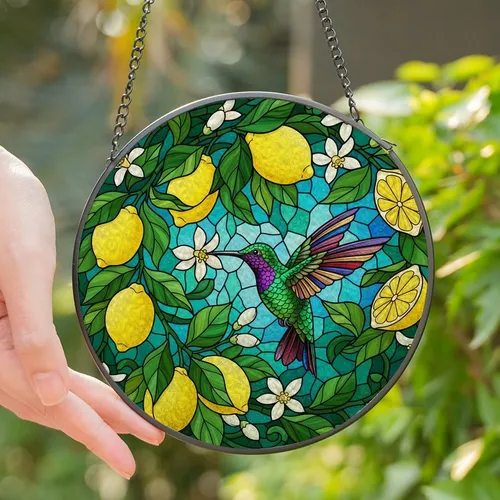 Nature's Jewel: Stained Glass Hummingbird, Lemons & Blossoms Art Print Stained Glass Suncatcher