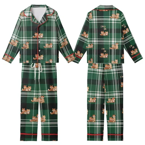 Whimsical Animal Art Lovers' Emerald Green Plaid Pattern with Playful Cartoon Dogs, Foxes, and Gentle Beige 'I'M OK' Hand Motif Kid Satin Pajamas Set