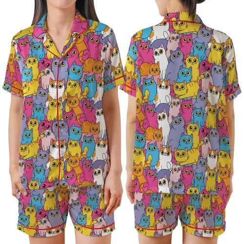 Cat Lovers' Whimsical Cartoon Cats Bold Outline Hot Pink Yellow Blue Purple Repeating Pattern Satin Short-Sleeve Pajamas Set