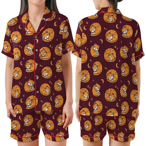 Cozy Style Fans' Seamless Repeat Sleepy Orange Cartoon Cats & Zzz Moons on Deep Burgundy Pattern Satin Short-Sleeve Pajamas Set