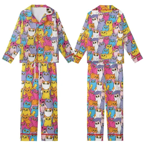 Cat Lovers' Whimsical Cartoon Cats Bold Outline Hot Pink Yellow Blue Purple Repeating Pattern Kid Satin Pajamas Set
