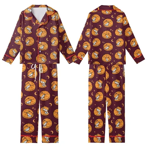 Cozy Style Fans' Seamless Repeat Sleepy Orange Cartoon Cats & Zzz Moons on Deep Burgundy Pattern Kid Satin Pajamas Set