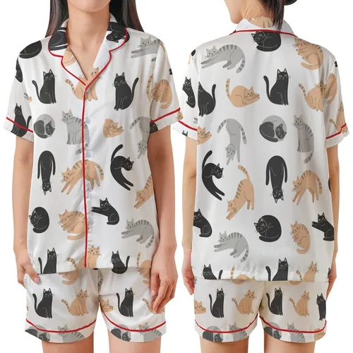 Cat Lovers' All-Over Playful Cartoon Cats Flat Graphic Design White Background Pastel Accents Satin Short-Sleeve Pajamas Set