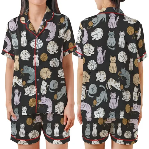 Cat Lovers' Whimsical Cartoon Cats Seamless All-Over Pattern Deep Black Soft Grey Blue Lavender Pink Satin Short-Sleeve Pajamas Set