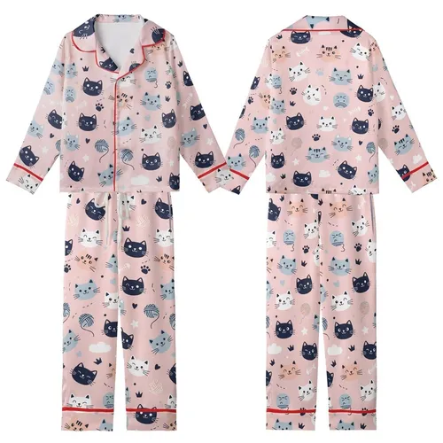 Cat Lovers' Whimsical Hand-Drawn Cartoon Cats Flat Pattern, Light Bubblegum Pink with Navy, Pale Peach, Light Blue-Grey Accents Kid Satin Pajamas Set