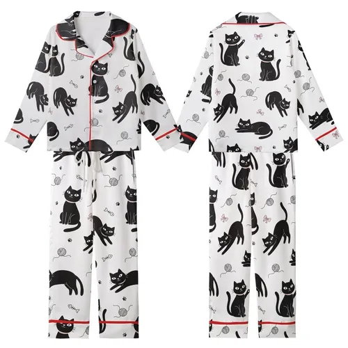 Cat Lovers' Whimsical Black Cats White Background Cartoon Design with Pink Accents, Yarn Balls & Paw Prints Kid Satin Pajamas Set