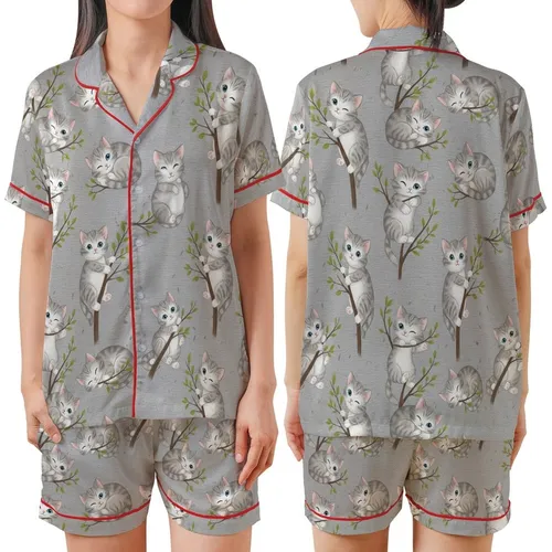 Cute Cat Enthusiasts' Whimsical Fluffy Grey White Kittens Blue Eyes Pink Paw Pads Green Leaf Branches Heather Grey Pattern Satin Short-Sleeve Pajamas Set