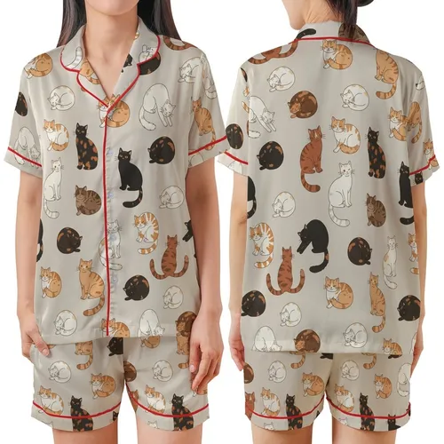 Cat Lovers' Whimsical Hand-Drawn Feline Poses Seamless Pattern Muted Beige Natural Tones Satin Short-Sleeve Pajamas Set