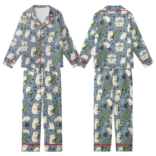 Cat Lovers' Dusty Blue Whimsical Naive Cartoon Cats Musical Play Pattern Kid Satin Pajamas Set