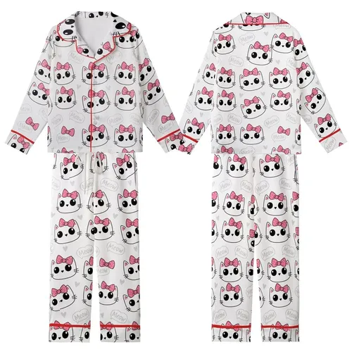 Whimsical Cat Lovers' Hand-Drawn Cute Feline Faces Hot Pink Polka Dot Bows White Pattern Kid Satin Pajamas Set
