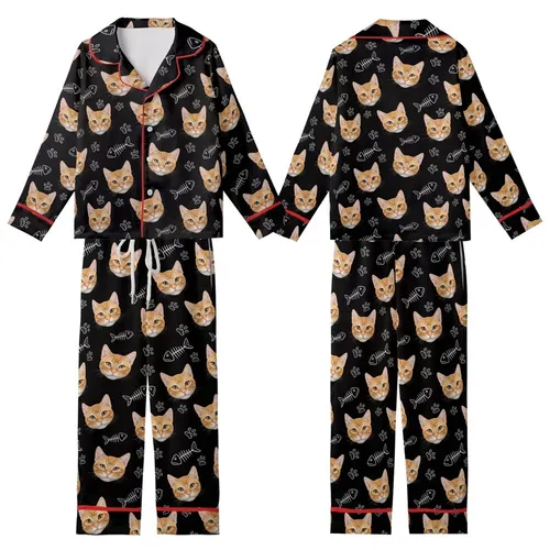 Cat Lovers' Black Whimsical Photo-Realistic Ginger Cat Faces & Hand-Drawn White Fish Skeletons Pattern Kid Satin Pajamas Set
