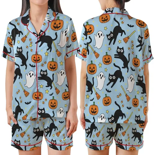 Whimsical Lovers' Playful Black Cat Ghost Jack-o'-Lantern Bat Broom Candy Corn Pattern on Sky Blue Satin Short-Sleeve Pajamas Set