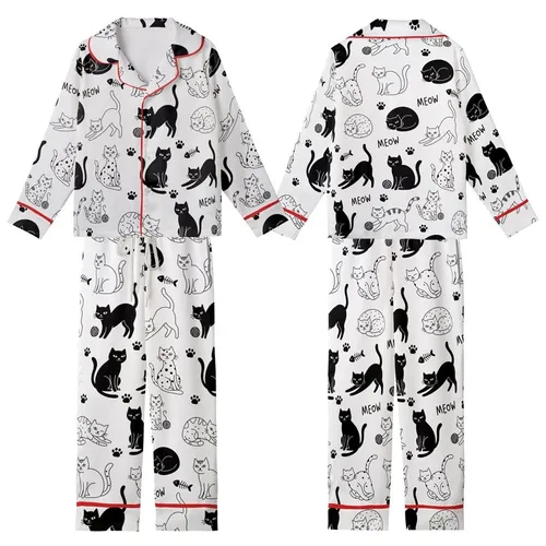 Cat Lovers' Playful Black White Hand-Drawn Cats All-Over Pattern with Silhouettes Line Art Paw Prints & MEOW Kid Satin Pajamas Set